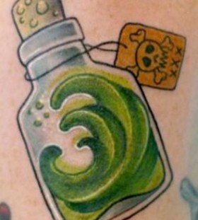 Skull and green bottle tattoo