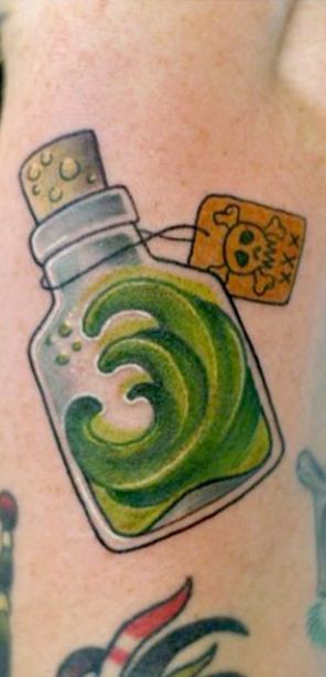 Skull and green bottle tattoo