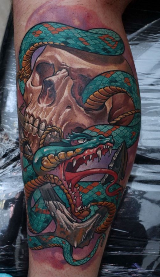Skull and snake tattoo by Dmitriy Samohin