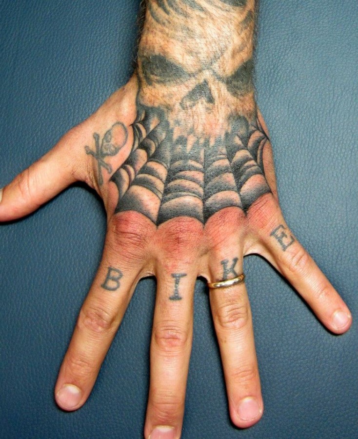 Skull and spider web hand tattoo