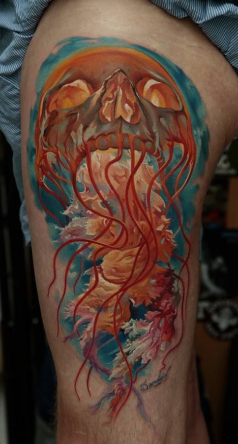 Skull jellyfish tattoo by Dmitriy Samohin