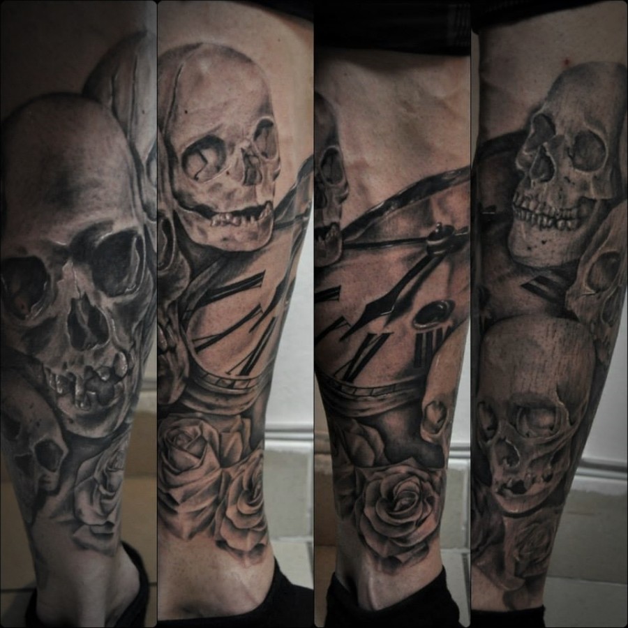 Skulls and clock tattoo