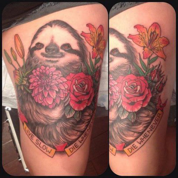 Sloth with flowers and quote tattoo