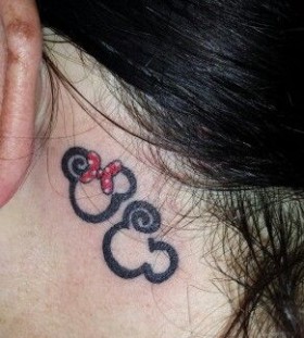 Small Minnie and Mickey behind ear tattoo