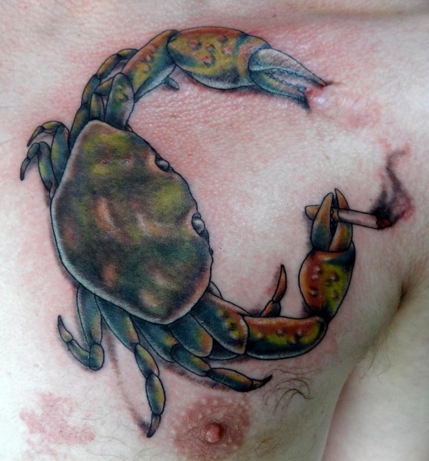 Smoking crab chest tattoo