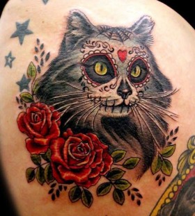 Sugar skull cat tattoo