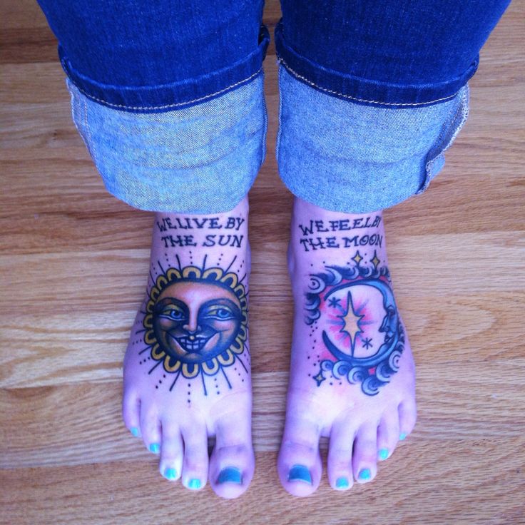 Sun and moon foot tattoos by Eva Huber