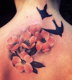 Swallows and cherry blossom tattoo by Amanda Leadman