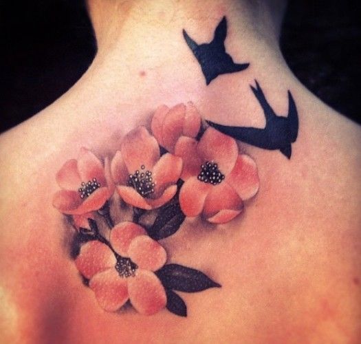Swallows and cherry blossom tattoo by Amanda Leadman