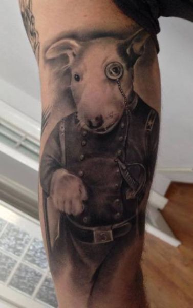 Sweet dressed up dog tattoo by Razvan Popescu