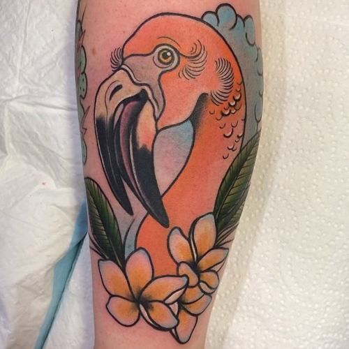 Sweet flamingo tattoo by Clare Hampshire