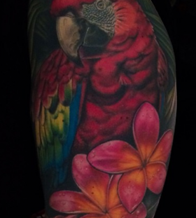 Sweet parrot and flowers tattoo
