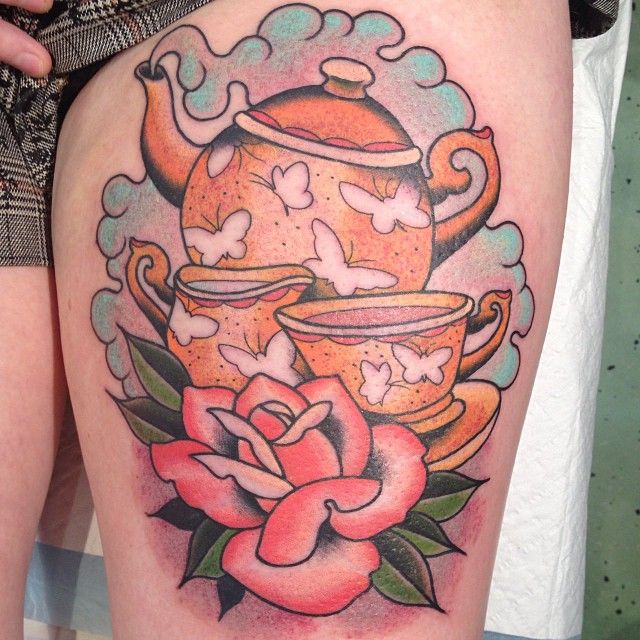 Teapot and rose tattoo by Clare Hampshire