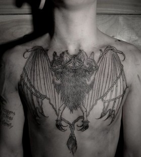 Three headed bat chest tattoo by Thomas Cardiff