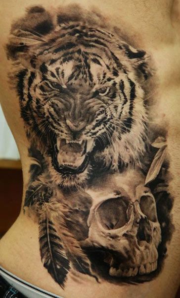 Tiger and skull tattoo by Dmitriy Samohin