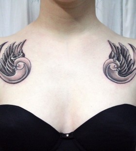 Two swallows collarbone tattoo