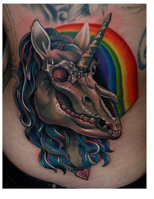 Unicorn skull tattoo by Kyle Cotterman