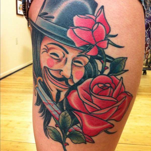 V and rose leg tattoo