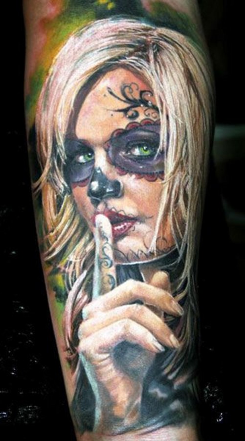 Warning blonde santa muerte girl forearm tattoo