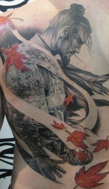 Warrior and leaves tattoo by Elvin Yong