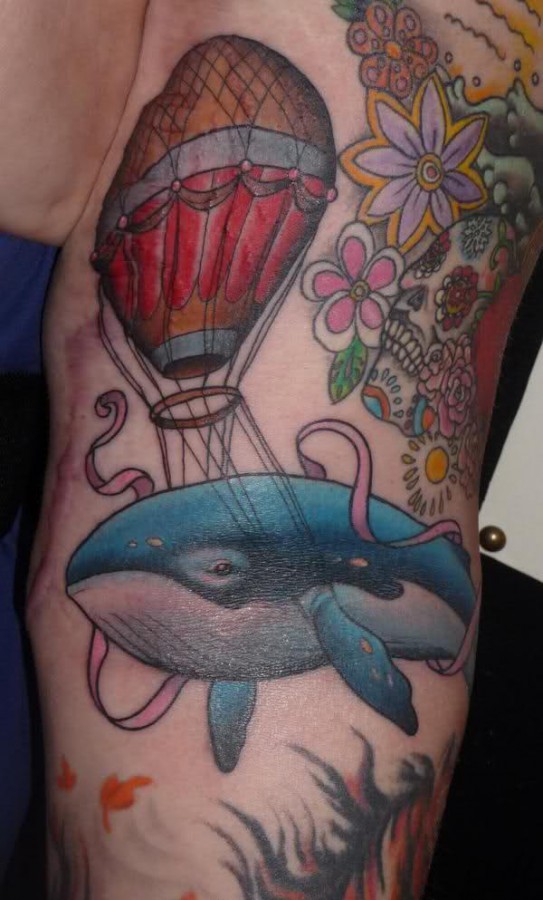 Whale with air balloon tattoo