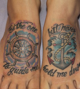 Wheel and quote foot tattoo