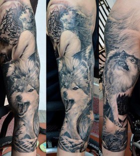 Wolf and woman full arm tattoo