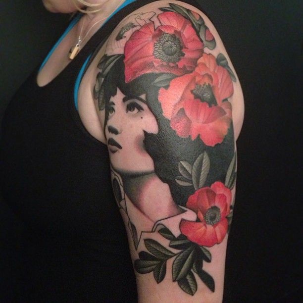 Woman and flowers tattoo by Amanda Leadman