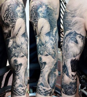 Woman and wolf tattoo by Elvin Yong