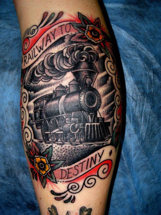 Wonderful steaming train tattoo