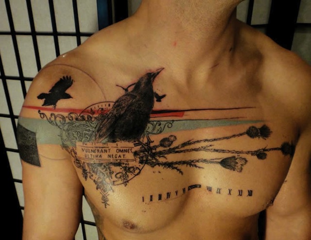 Xoil raven chest tattoo