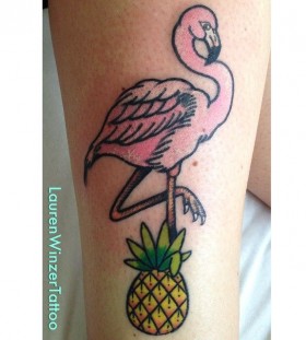 Yellow pineapple and pink flamingo tattoo by lauren winzer