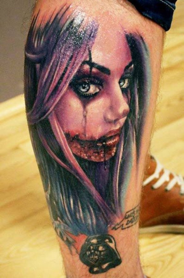 Young terrible santa muerte girl tattoo on leg