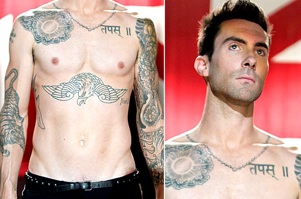 Adam Levine Chest Tattoo Sun and Hindi Leter