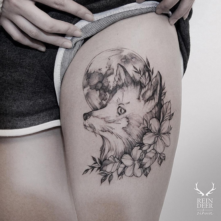 amazing-fox-and-moon-flower-tattoo