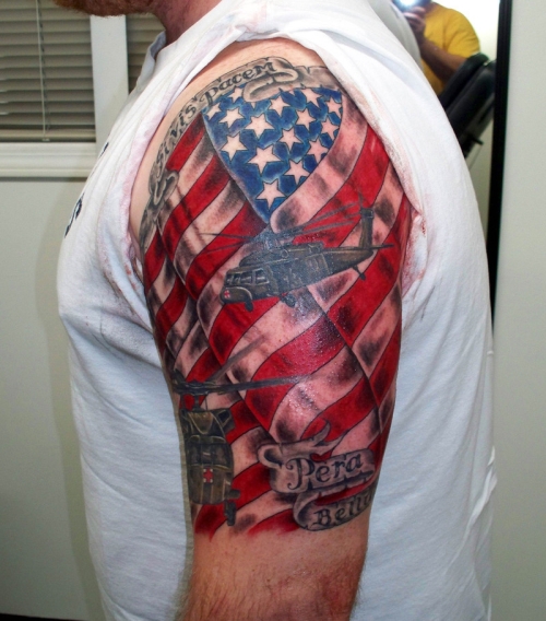 Helicopter and American Flag Tattoo Design