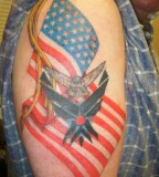 Flying Eagle And American Flag Tattoo Design