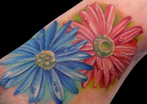 Blue and Red Aster Flower Tattoo Design