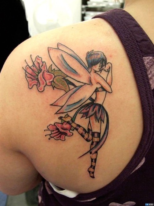 Angel Shaped Tattoo Design on Upper Back for Girls