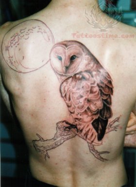 Moon And Owl Tattoo On Men Back