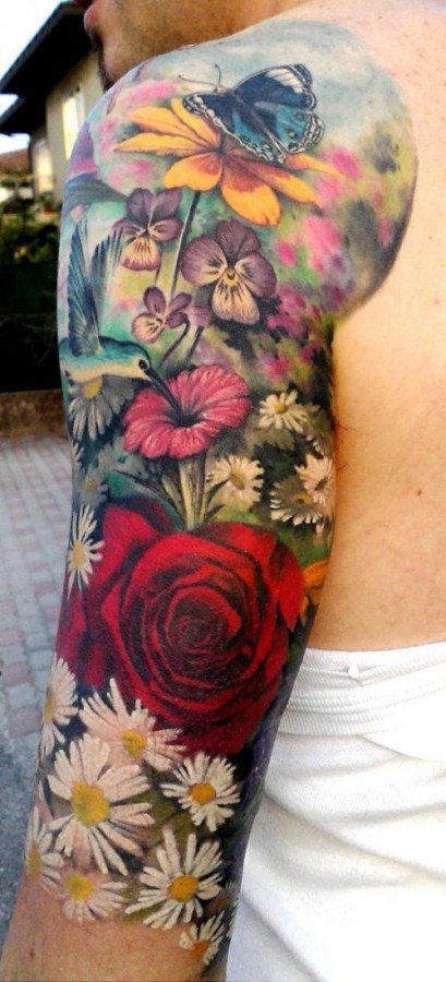 beautiful arm sleeve flower tattoo