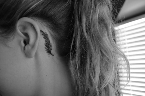 Black and White Feather Tattoos Behind Ear