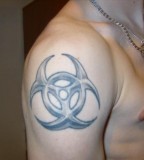 Marvelous Tattoo Of A Biohazard Symbol On Top Right Arm Picture