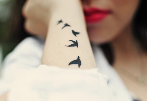 Cute Flying Birds Tattoo Set on Girl’s Side Lower Arm