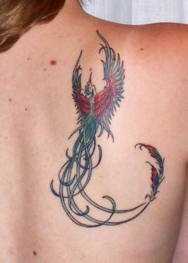 Bird With Long Tail Feathers Tattoo Design on Back for Girls