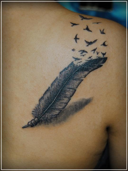 Upper Back Bird Crow Feather Tattoos Design