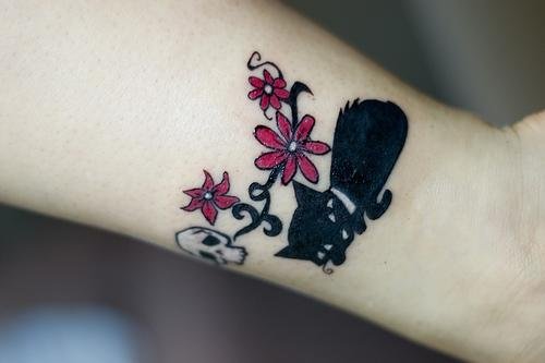 Flowers with Black Cat Tattoo