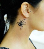 Beautiful 3D Black Widow Spider Tattoo on Side Neck for Girls