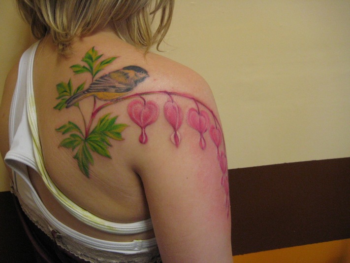 Bird With Bleeding Heart and Flower Tattoos for Girl