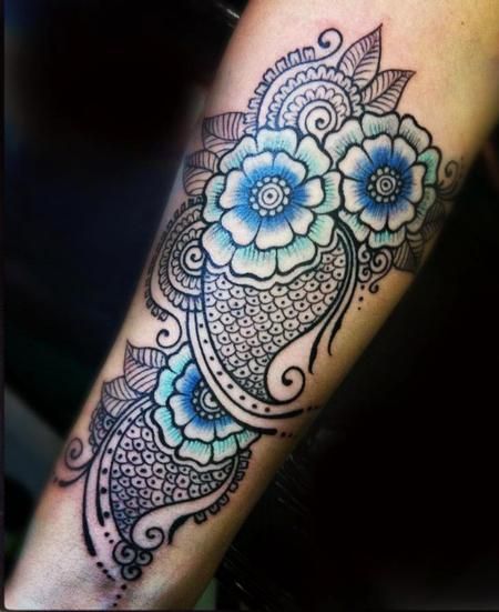 blue flower tattoo by Jessica Brennan